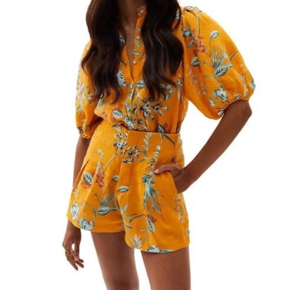 Lanhtropy Linen Tropical Floral Puff Sleeve Button‎ Down Top Mustard Yellow S L1